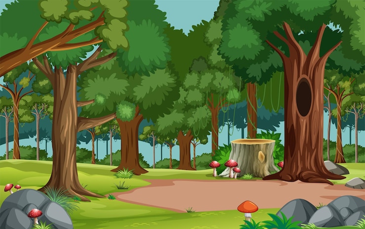 Vettore nuova foresta naturale a scena notturna con molte illustrazioni di alberi