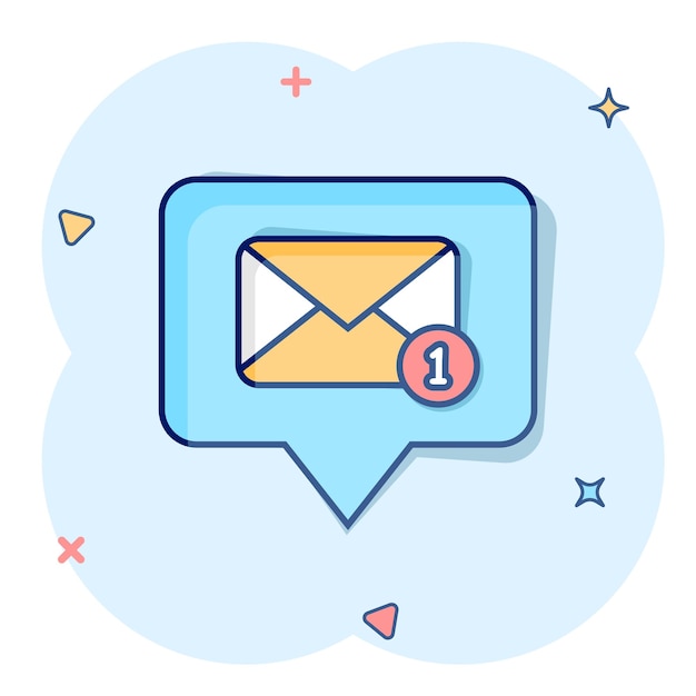 Nuova icona dei messaggi in arrivo in stile fumetto Busta con notifica fumetto illustrazione vettoriale su sfondo isolato Segno di posta elettronica effetto splash concetto aziendale