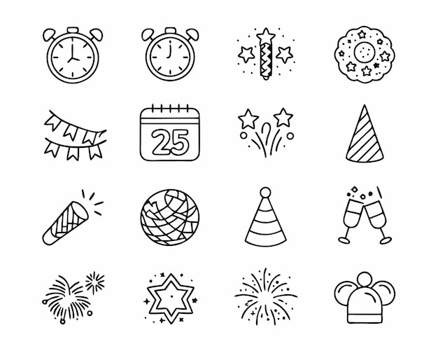 Nuovi anni 2025 collezione di icone di doodle art