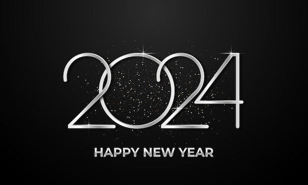 nuovo anno 2024 elegante design del poster con numero di stile in colore metallico argentato su uno sfondo scuro