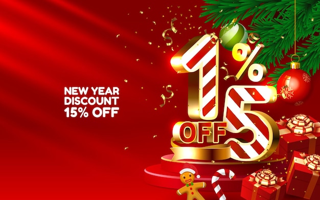 Nuovo anno sconto felice vendita di Natale 15 off numeri d'oro con regali e decorazioni di Natale