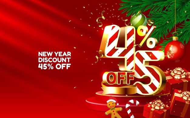 Nuovo anno sconto felice vendita di Natale 45 off numeri d'oro con regali e decorazioni di Natale