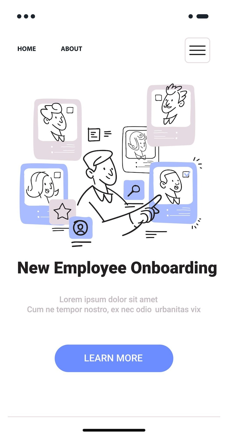 Vettore nuovo concetto di onboarding dei dipendenti con stile disegnato a mano con una persona che interagisce con il digitale