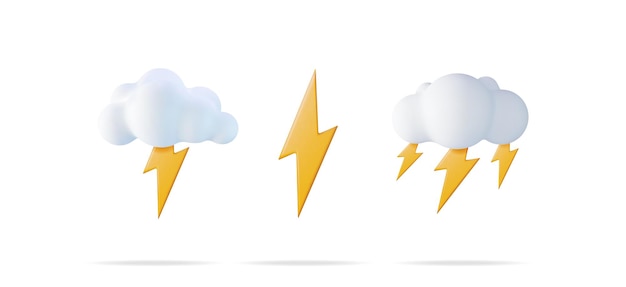 Nuvola bianca 3D con fulmini set Set di icone di previsione meteo in stile cartone animato carino