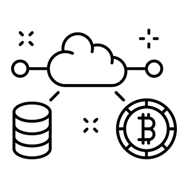 Nuvola con l'icona della linea bitcoin Risparmio salvadanaio prestito a basso interesse protezione dei depositi degli array finanziari sicurezza dei dati bancari assicurazione Icona della linea vettoriale su sfondo bianco