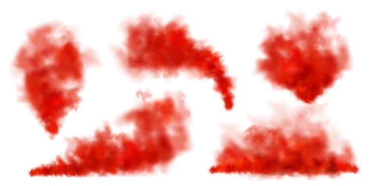 Vettore nuvole di fumo colorate rosse isolate su sfondo bianco effetto nebbia realistica vapore di nebbia nell'aria