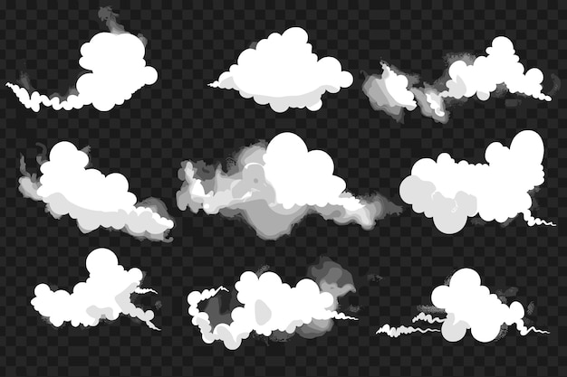 Nuvole di fumo dei cartoni animati Fumi comici Flussi di polvere Smog e fumo Silhouette di nuvole fumose isolate