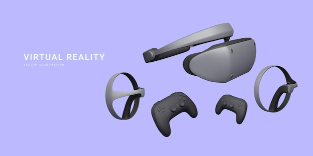 Occhiali di realtà virtuale 3D realistici, gamepad e controller di gioco isolati su uno sfondo chiaro.