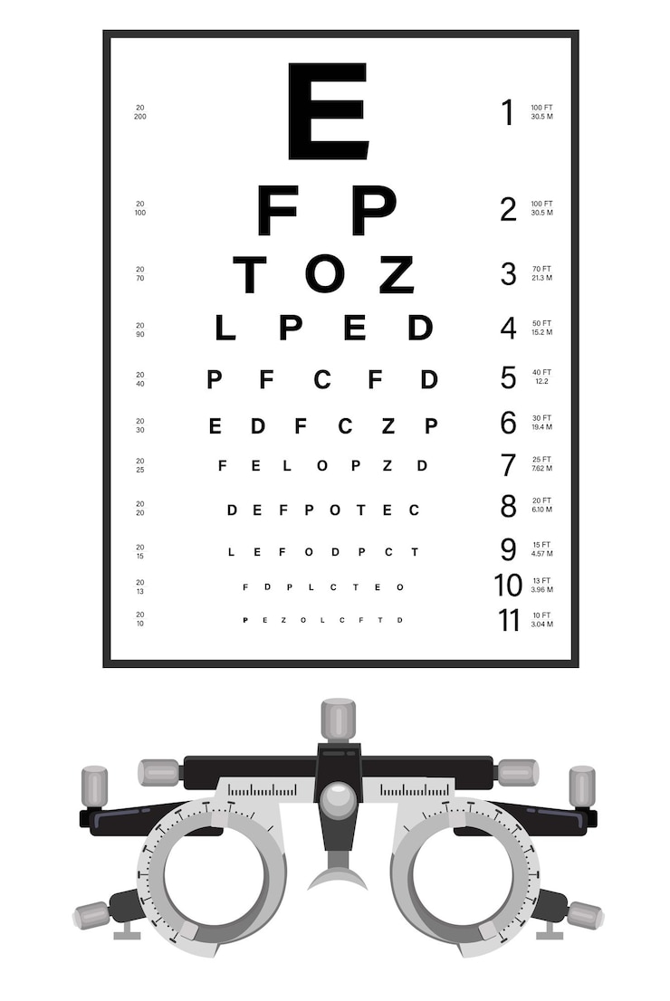 Vettore occhiali per test della vista con test della tavola da carteggio. vettore di illustrazione della prova di prova ottica dell'obiettivo