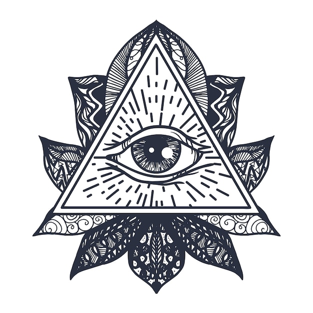 Occhio onniveggente vintage in Mandala Lotus. Simbolo magico della provvidenza per stampa, tatuaggio, libro da colorare, tessuto, t-shirt, stoffa in stile boho. Astrologia, occulto, segno di intuizione esoterica con l'occhio. Vettore