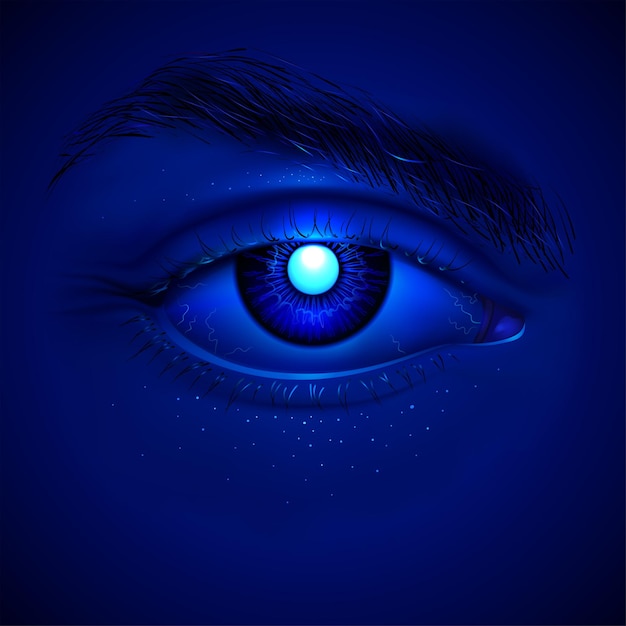 Occhio realistico del misterioso cyborg con un laser blu brillante all'interno di un'iride artificiale