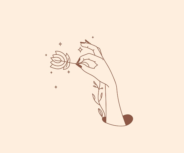 occultismo disegnato a mano Logo di mani magiche con elementi di design mistico floreale botanico di stelle