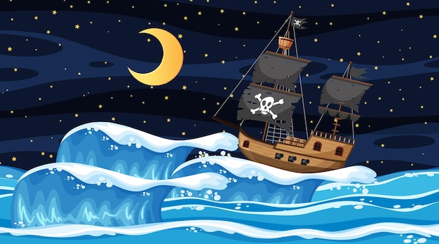 Oceano con nave pirata di notte in stile cartone animato