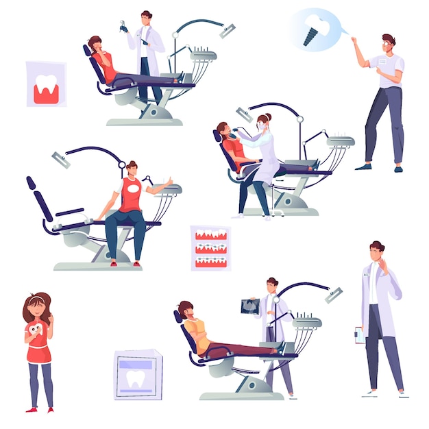 Odontoiatria set di icone piatte isolate e personaggi di dentisti al lavoro con pazienti e forniture illustrazione vettoriale