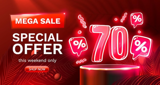 Offerta speciale Mega vendita Neon 70 sconto banner di vendita Segno promozione scheda vettore