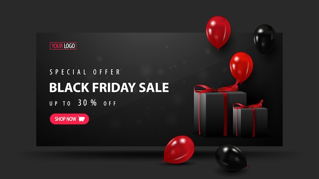 Offerta speciale, saldi del Black Friday, fino al 30% di sconto, banner di sconto 3D nero con palloncini rossi e neri, regali e pulsante.