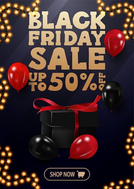 Offerta speciale, saldi del Black Friday, fino al 50% di sconto, banner verticale blu di sconto con grande offerta dorata, palloncini rossi e neri, bottone e cornice a ghirlanda