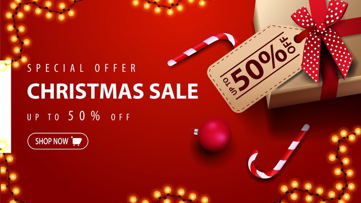 Vettore offerta speciale, saldi natalizi, fino al 50% di sconto, banner sconto rosso con confezione regalo, palline di natale e bastoncino di zucchero, vista dall'alto