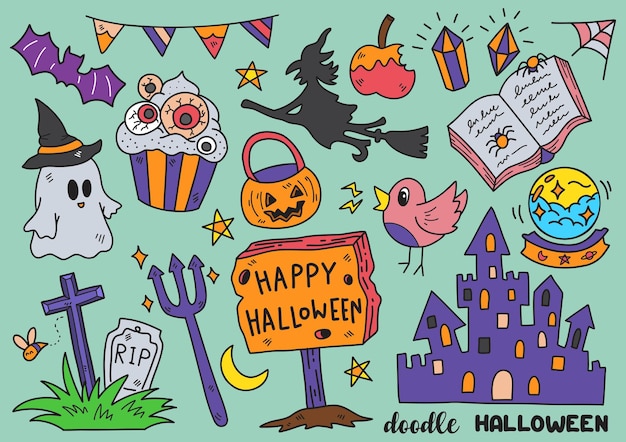 Oggetti di halloween in stile disegnato a mano doodle oggetti illustrazione vettoriale