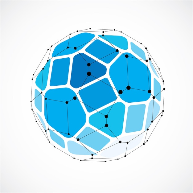 Oggetto basso poli vettoriale astratto con linee nere e punti collegati. Sfera futuristica 3d blu con maglie di linee sovrapposte e figure geometriche.