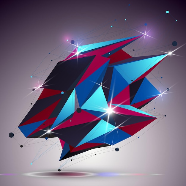 Oggetto creativo asimmetrico lucido con maglie di linee. 3d colorato lucido complicato ingegneria astrazione con effetto luci. Elemento di modellazione a rete luminosa.
