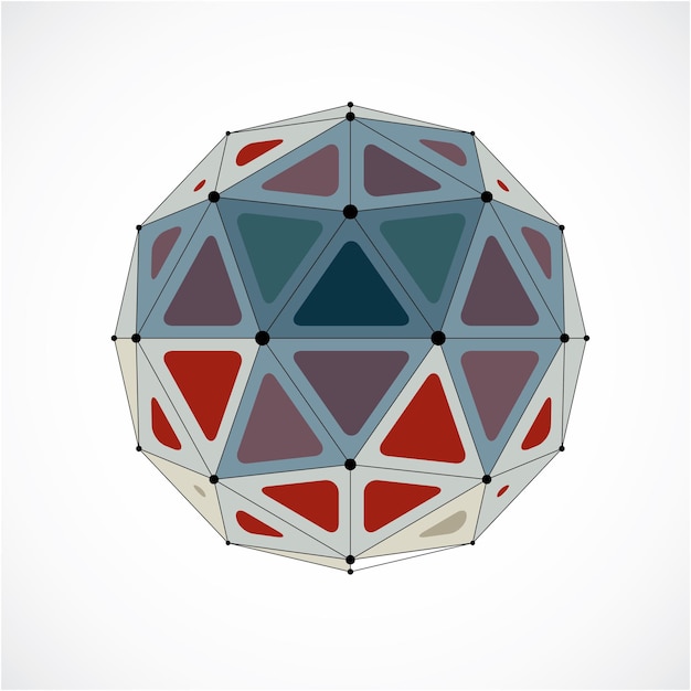 Oggetto low poly wireframe dimensionale vettoriale, forma sferica colorata con griglia nera. Tecnologia elemento mesh 3d realizzato utilizzando sfaccettature triangolari da utilizzare come modulo di progettazione in ingegneria.