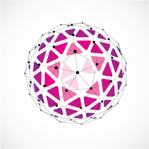 Oggetto sferico a basso poli vettoriale 3d con linee e punti neri collegati, forma geometrica wireframe viola. Sfera prospettica creata con sfaccettature triangolari.