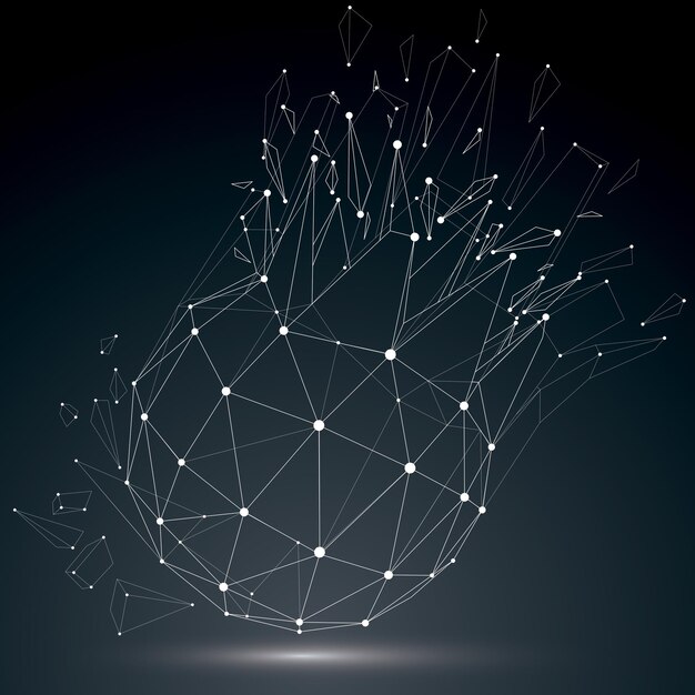 Oggetto wireframe vettoriale 3d suddiviso in diverse particelle, struttura poligonale geometrica con maglie di linee bianche. Forma frantumata cibernetica low poly con effetto luminescente. La tecnologia digitale art.