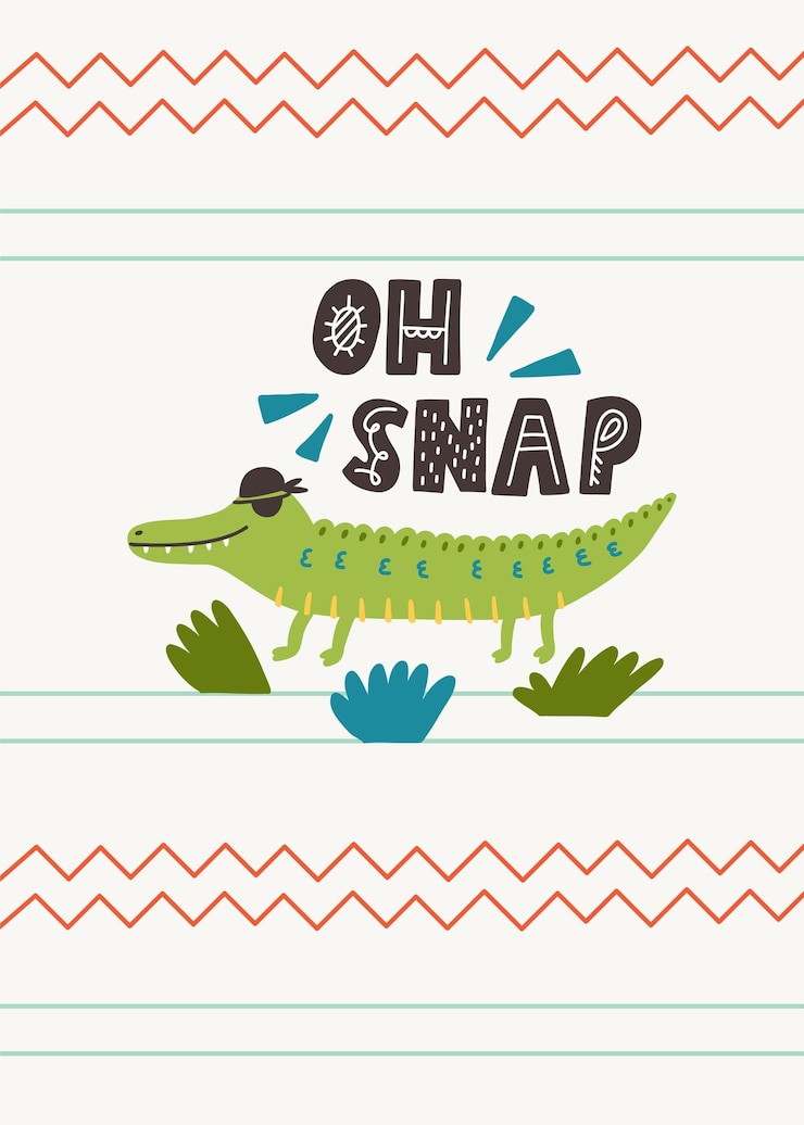 Vettore oh snap lettering verde pirata coccodrillo safari safari animale marinaio doodle illustrazione a mano vivaio bambino stile scandinavo bambini t shirt cartolina