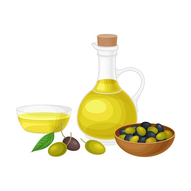 Olive in ciotola e barattolo di vetro con illustrazione vettoriale dell'olio