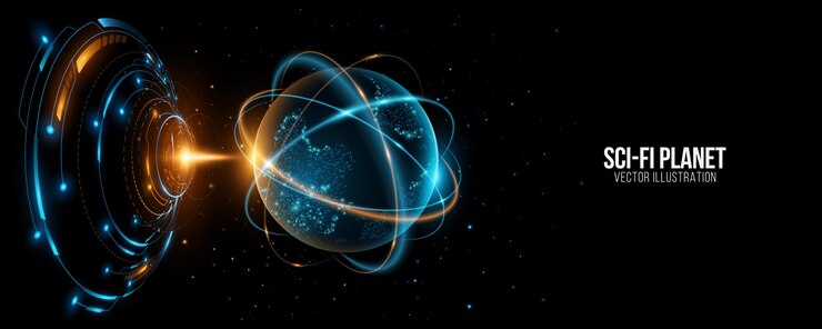Vettore ologramma del pianeta futuristico terra nel cyberspace mappa digitale luminosa di punti scifi hud cerchi globo con anelli astratti in orbita con polvere stellare su sfondo nero vettore di comunicazione globale