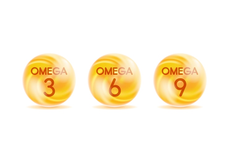 Vettore omega 3 6 9 gocce d'oro icone grasso polinsaturi omega3 omega6 omega9 pesce naturale vitamina organica nutriente omega acido grasso epa dha vitamina goccia pillola capsula vettore