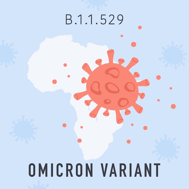 Omicron nuovo banner quadrato variante covid con batteri rossi della nuova mutazione del coronavirus sullo sfondo