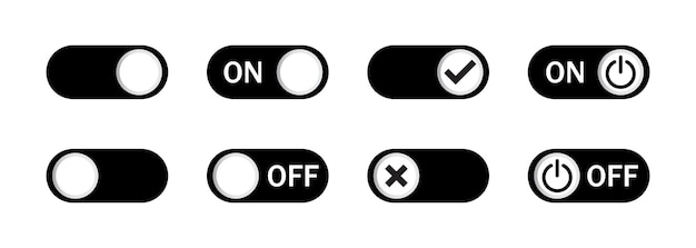 On of switch button icon set On Off vector icon set in colore nero Switch toggle buttons on off Vector isolati elementi web Mobile app interface switch buttons and icon vector illustration