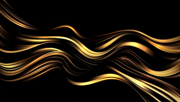 Onda astratta di turbinio oro e nero Linee lucide elemento di design su sfondo scuro