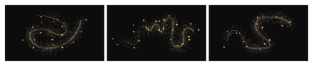 Onda di coriandoli scintillanti d'oro e polvere di stelle Set di tre fondali con scintillii magici dorati su sfondo scuro Illustrazione vettoriale