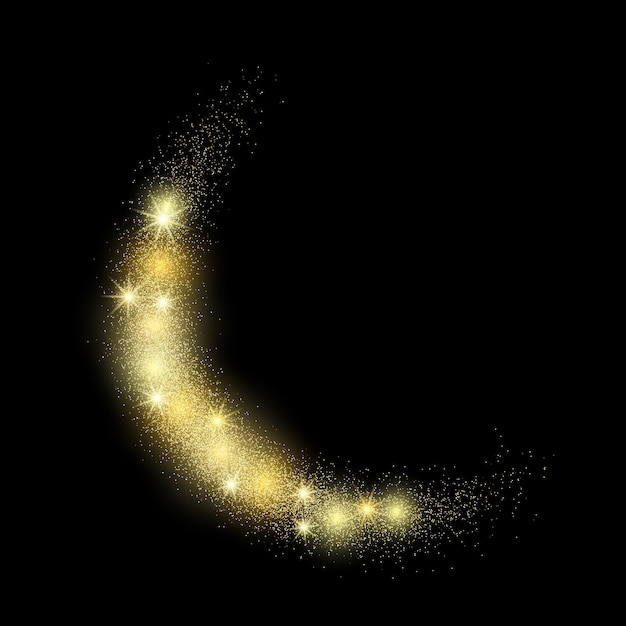 Onda di luce con effetto glitter oro su sfondo nero. Linee astratte di turbinio. Illustrazione vettoriale