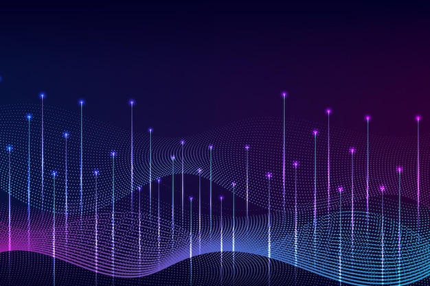 Ondata astratta con punti e linee in movimento Flusso di particelle Rendering 3D di tecnologia informatica