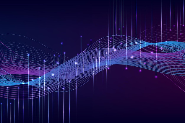 Ondata astratta con punti e linee in movimento Flusso di particelle Rendering 3D di tecnologia informatica