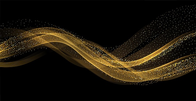 Onde astratte del fumo dell'oro. Elemento di design con linee mobili dorate lucide con effetto glitter su sfondo scuro per regalo, biglietto di auguri e buono sconto. illustrazione vettoriale