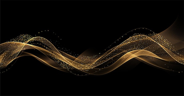 Onde astratte dell'oro. Elemento di design con linee mobili dorate lucide con effetto glitter su sfondo scuro per biglietto di auguri e buono sconto.