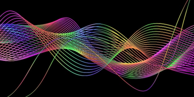 Onde astratte multicolori su sfondo nero Onde sonore elettroniche a colori Illustrazione vettoriale