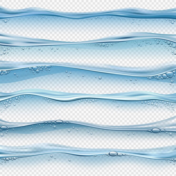 Vettore onde d'acqua realistiche. superficie liquida del mare, dell'oceano o della piscina con bolle e spruzzi. linea di galleggiamento e set di vettori di effetti subacquei trasparenti. illustrazione aqua realistica acqua di superficie oceano