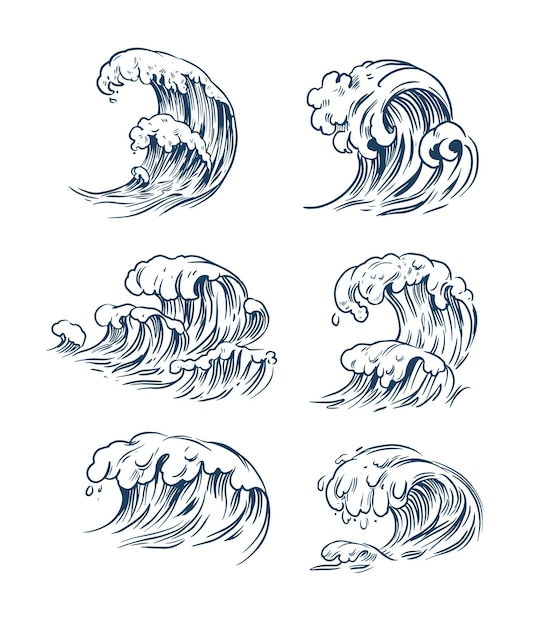 Onde dell'oceano o del mare. Set di illustrazioni di contorni vettoriali. Isolato su sfondo bianco. set surf e spruzzi