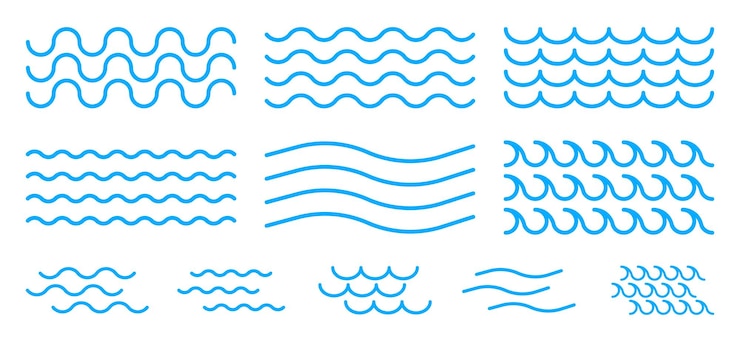 Onde di acqua di mare Raccolta di onde lineari di diverso stile e dimensione Illustrazione vettoriale