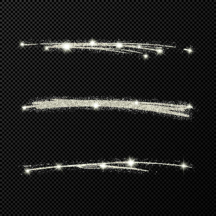 Onde scintillanti di coriandoli lucidi astratti Set di tre pennellate d'argento disegnate a mano su sfondo nero trasparente Illustrazione vettoriale