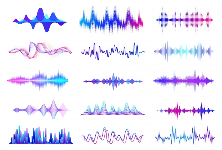 Vettore onde sonore. forma d'onda audio in frequenza, elementi dell'interfaccia hud di onde musicali, segnale grafico vocale. set di onde audio
