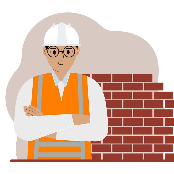 Vettore operaio edile uomo sorridente in un casco bianco e un giubbotto arancione. illustrazione piatta vettoriale