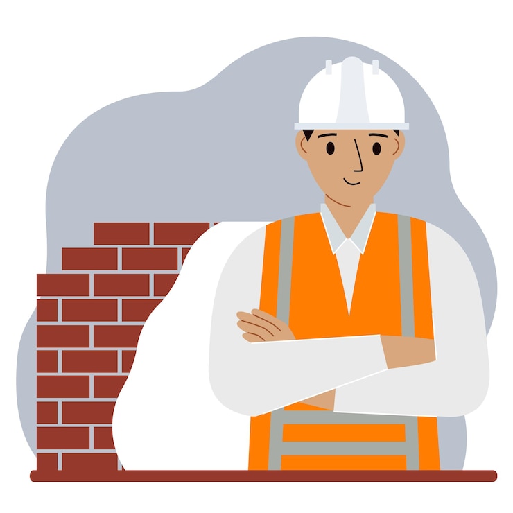Vettore operaio edile uomo sorridente in un casco bianco e un giubbotto arancione. illustrazione piatta vettoriale