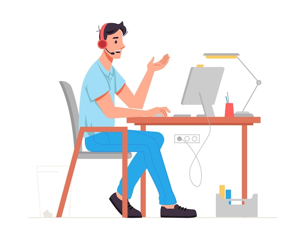 Operatore del call center o specialista presso l'helpdesk o la hotline che parla con il cliente utilizzando le cuffie